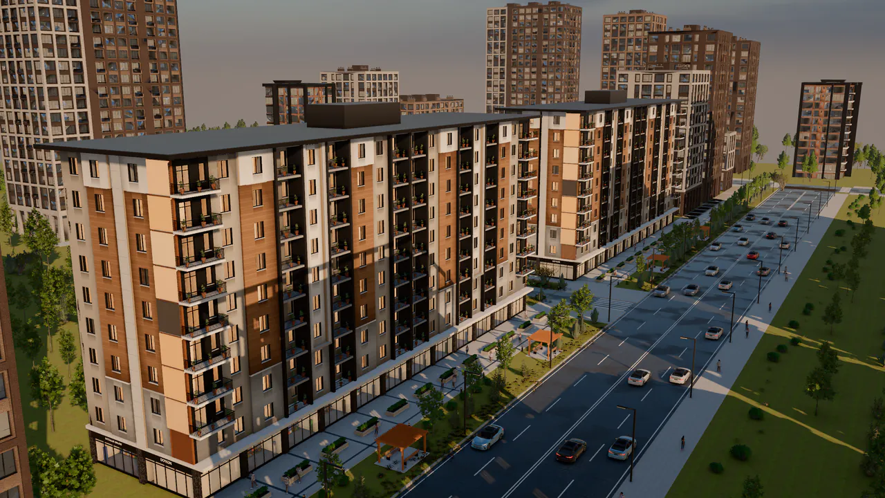 Residence R2 turar-joy majmuasi dron ko‘rinishida: ko‘cha bo‘yidagi ikki 10 qavatli blok, daraxtlar, mashinalar va qo‘shni binolar